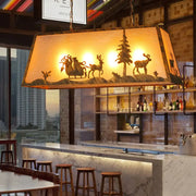 Decorbites brown fabric trapezoidal ceiling light with warm wooden frame and carved silhouette shade shape for restaurants