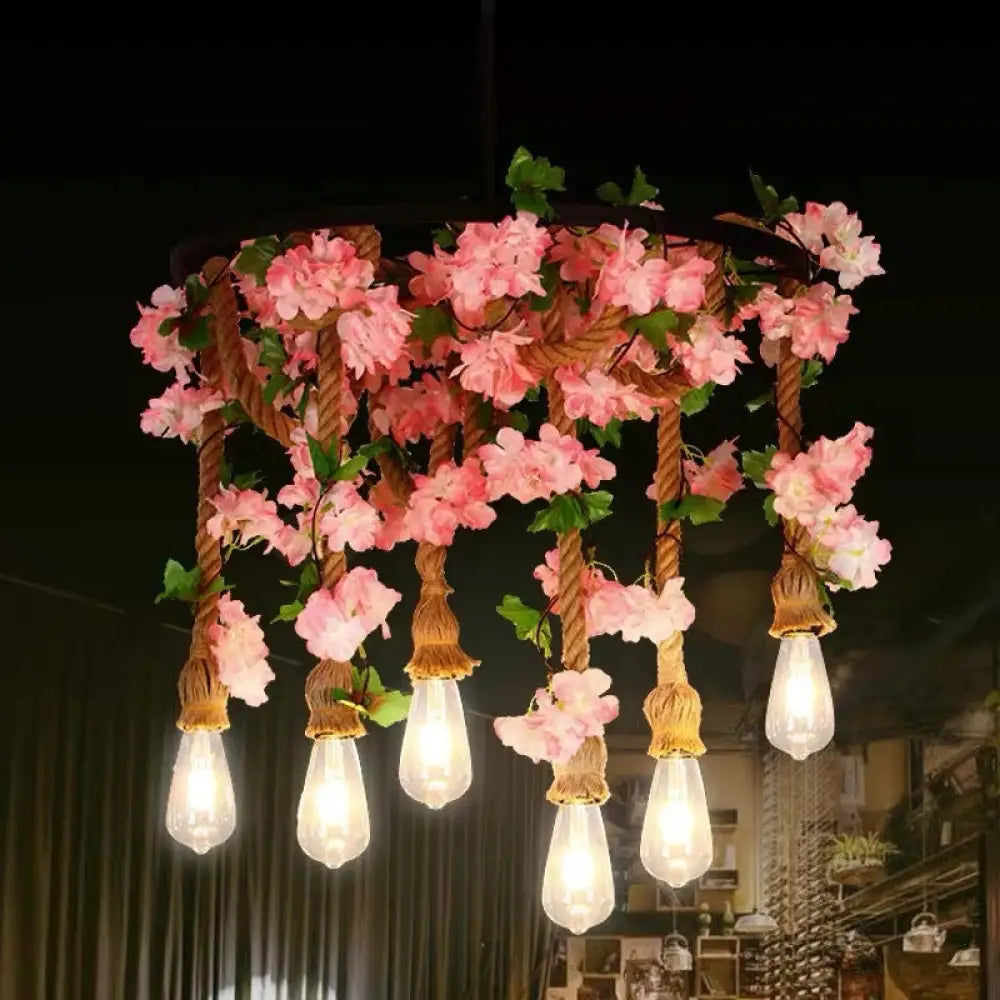 Rustic Restaurant Pendant Light Fixture with Wheel Iron Chandelier and Plant Decor