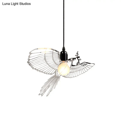 Rustic Retro Metal Pendant Light with Flying Bird Shade - Silver 1-Light Suspension for Bar