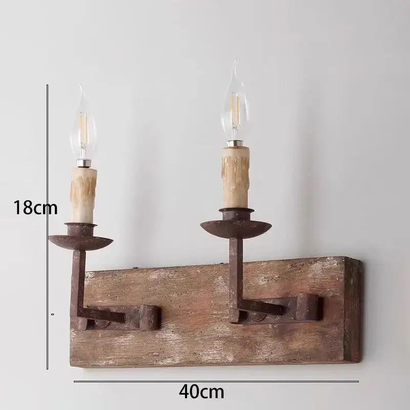 Rustic retro solid wood wall light with two wrought iron candle holders and vintage filament bulbs for bedroom decorbites country retro