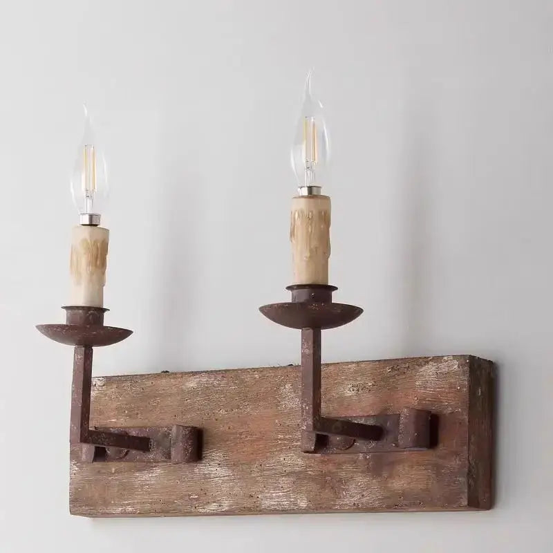 Rustic retro solid wood wall light with two wrought iron candle holders and vintage filament bulbs for bedroom decorbites country retro
