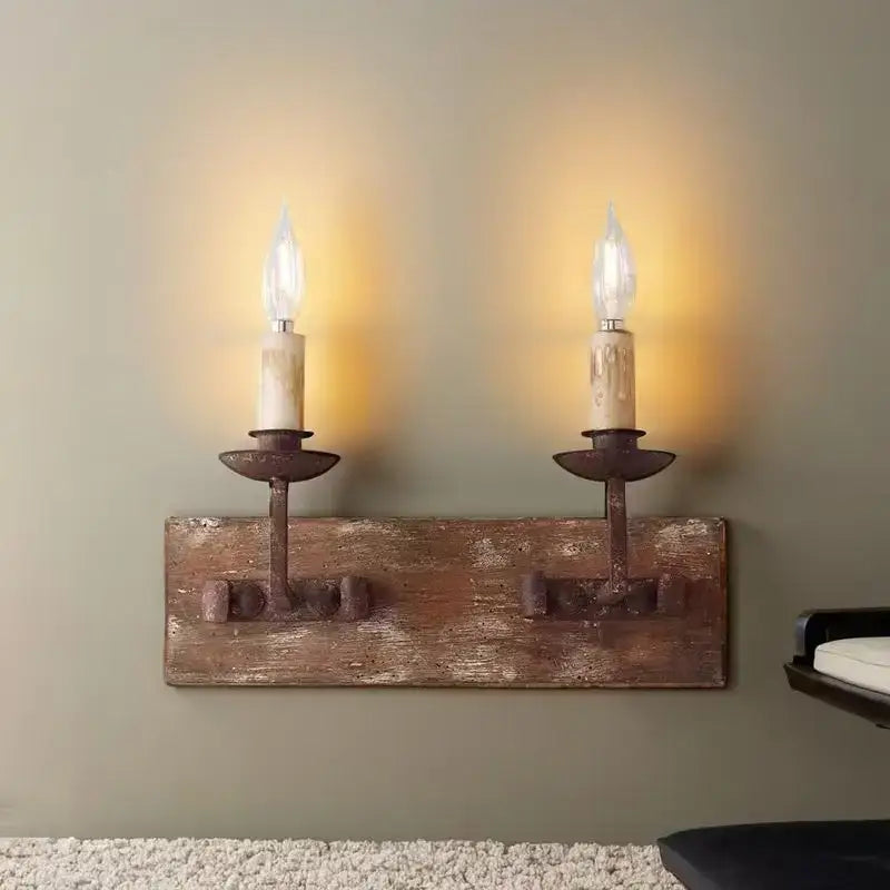 Rustic retro solid wood wall light with two wrought iron candle holders and frosted glass bulbs for bedroom decorbites country retro