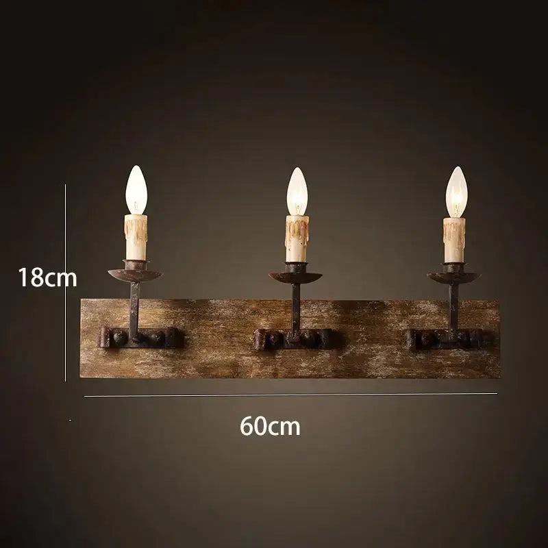 Rustic retro solid wood wall light with three wrought iron candle holders and vintage bulbs for bedroom decorbites country retro