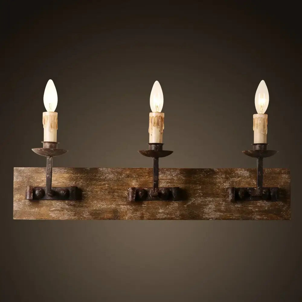 Rustic retro solid wood wall light with wrought iron three candle-style bulbs mounted on weathered plank decorbites country retro