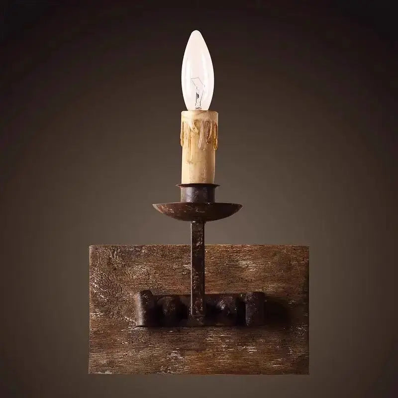 Rustic retro solid wood wall light with wrought iron sconce and aged candle bulb ideal for bedroom decorbites country retro