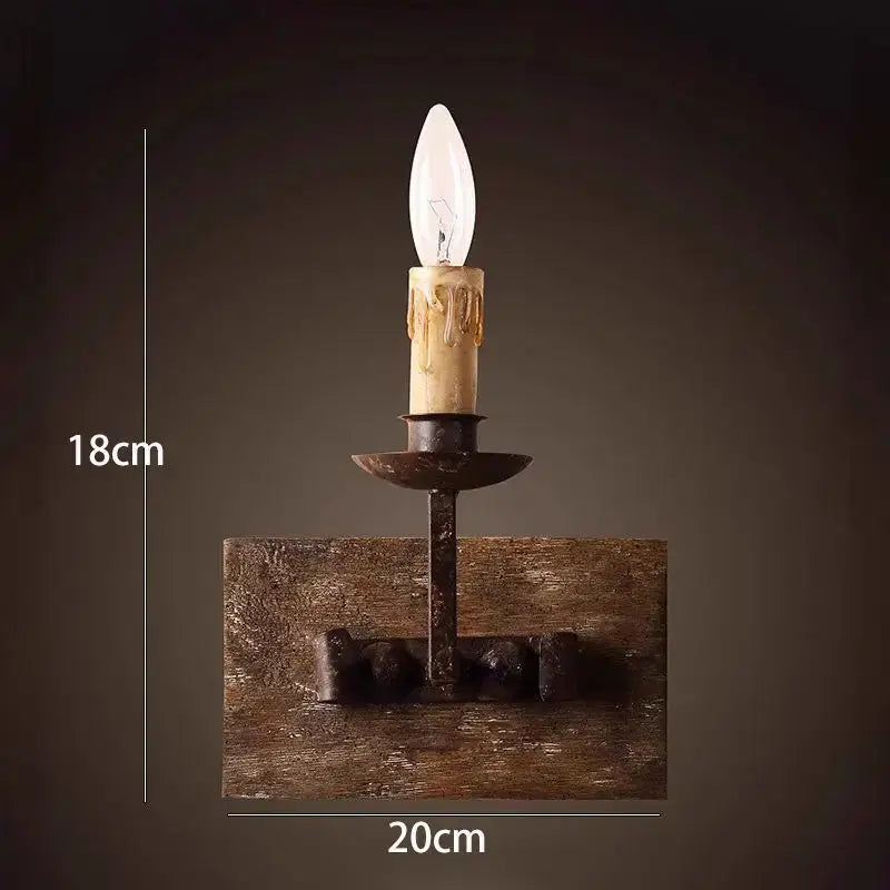 Rustic retro solid wood wall light with wrought iron candle sconce and distressed base perfect for bedroom decorbites country retro