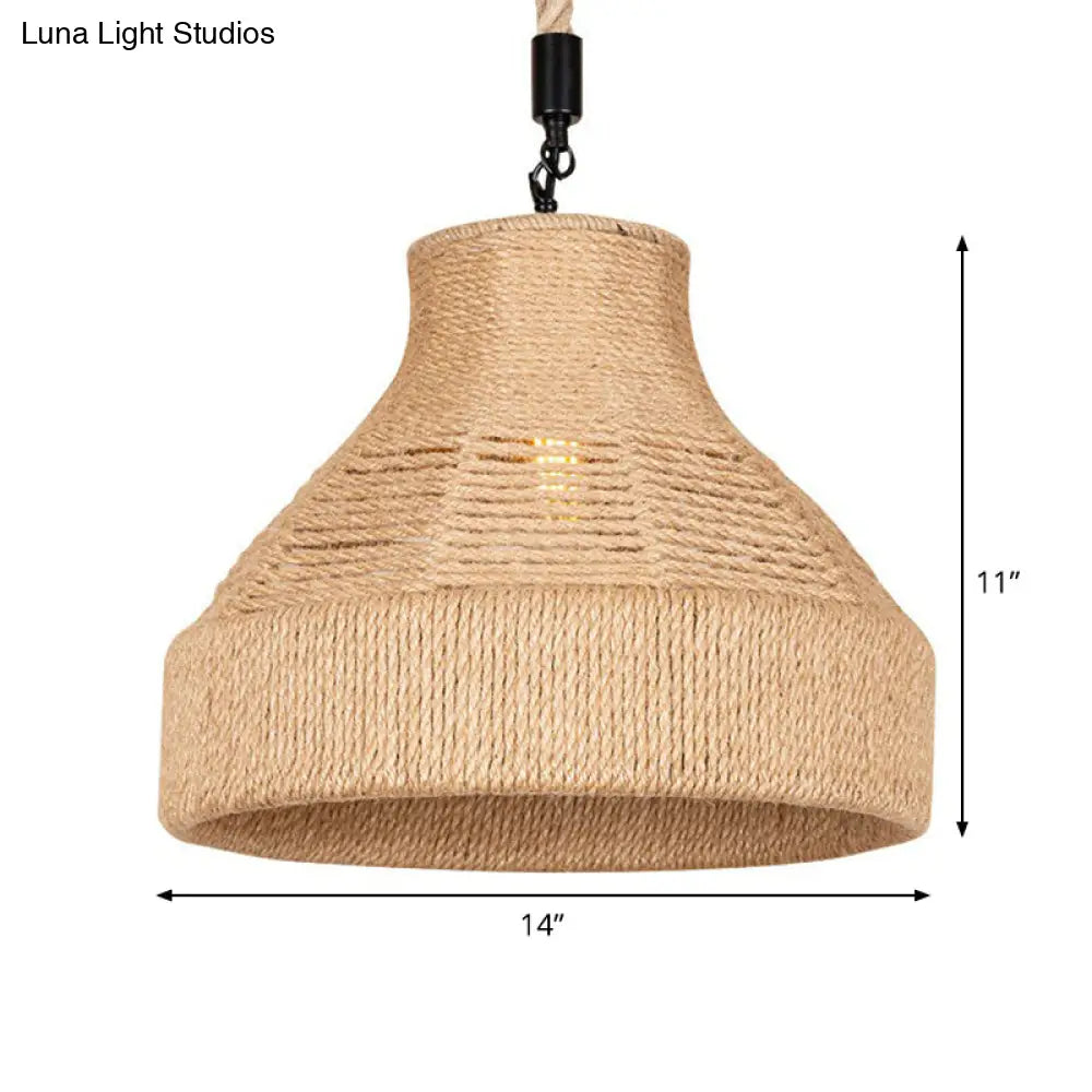 Rustic Rope Bell Hanging Lamp - Farmhouse 1 Bulb Restaurant Lighting Fixture (Brown)