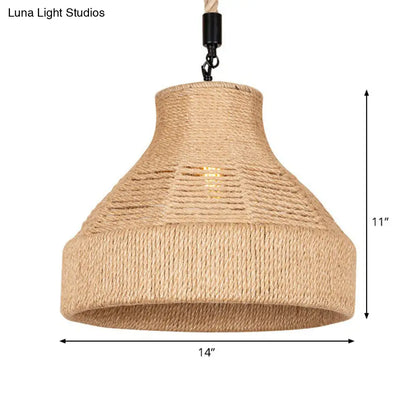 Rustic Rope Bell Hanging Lamp - Farmhouse 1 Bulb Restaurant Lighting Fixture (Brown)