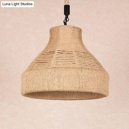 Rustic Rope Bell Hanging Lamp - Farmhouse 1 Bulb Restaurant Lighting Fixture (Brown)