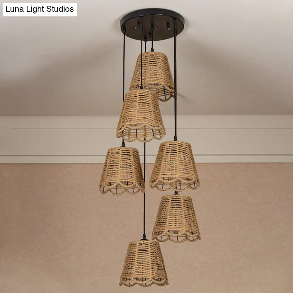 Rustic Rope Brown Pendant Light with Scalloped Trim and Multiple Tapered Heads