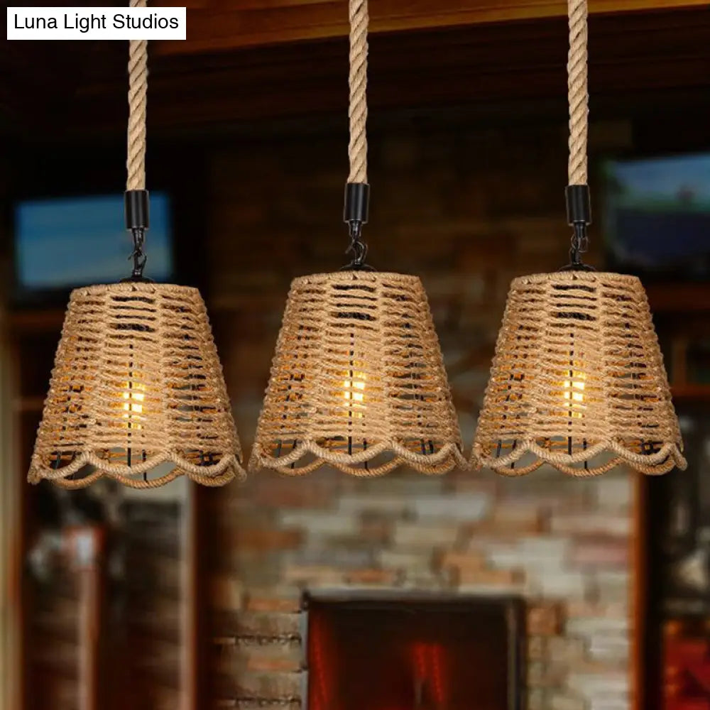 Rustic Rope Brown Pendant Light with Scalloped Trim and Multiple Tapered Heads