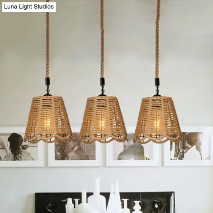 Rustic Rope Brown Pendant Light with Scalloped Trim and Multiple Tapered Heads