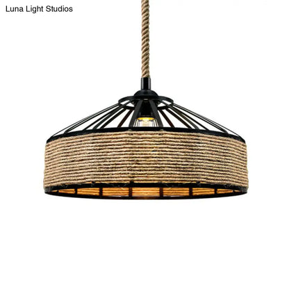 Rustic Rope Cage Pendant Light - Hand-Wrapped, 1 Bulb Ceiling Lamp in Light Brown for Restaurants