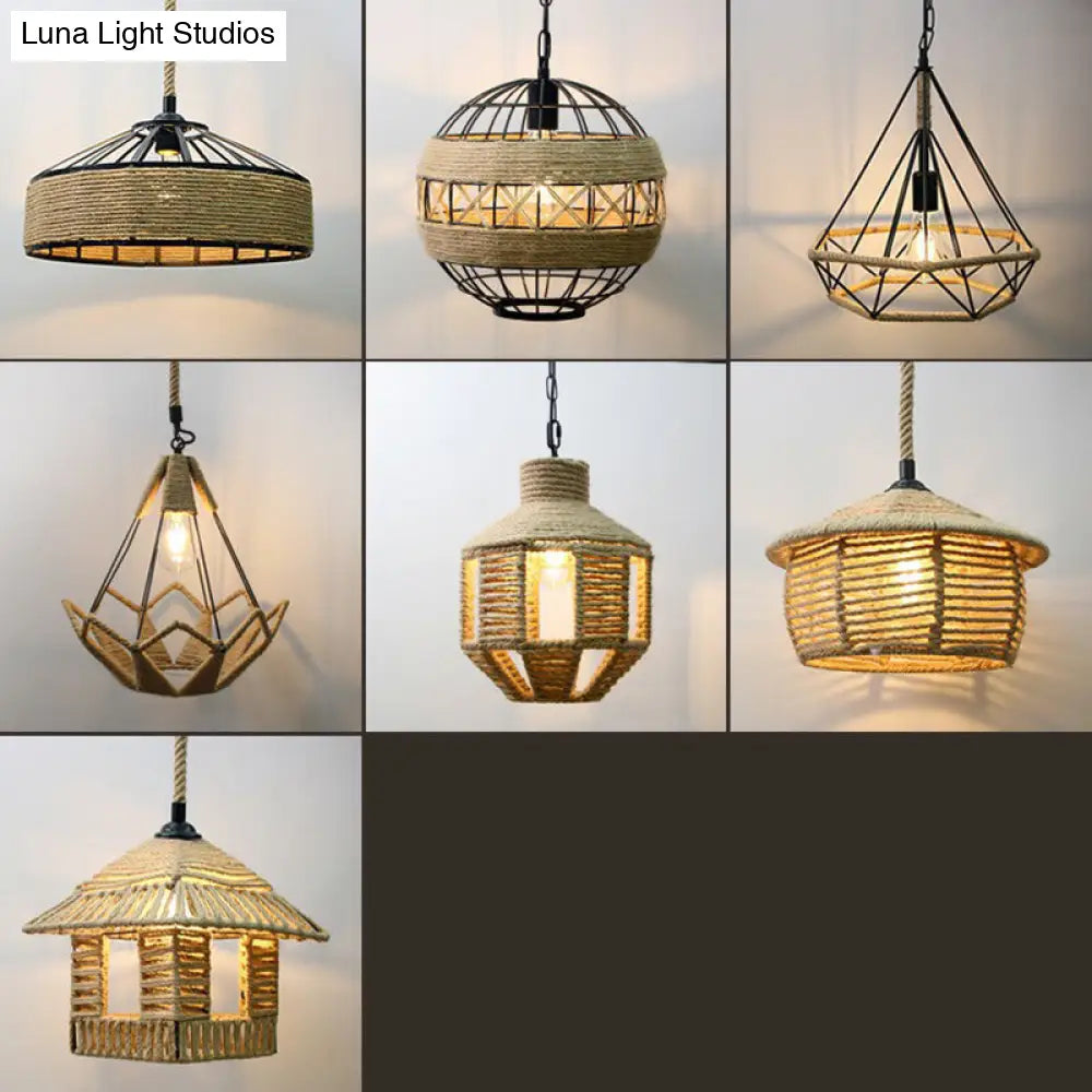 Rustic Rope Cage Pendant Light - Hand-Wrapped, 1 Bulb Ceiling Lamp in Light Brown for Restaurants