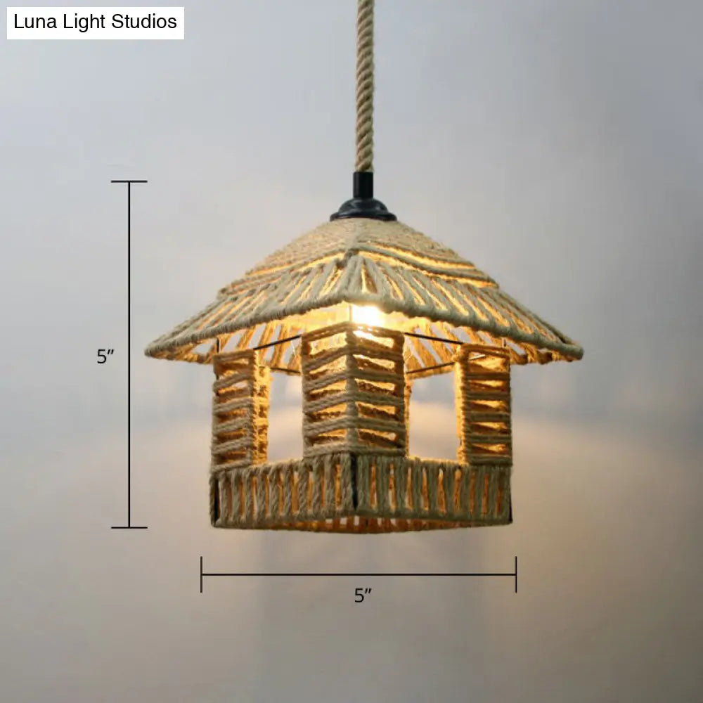 Rustic Rope Cage Pendant Light - Hand-Wrapped, 1 Bulb Ceiling Lamp in Light Brown for Restaurants