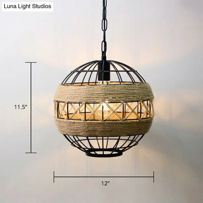 Rustic Rope Cage Pendant Light - Hand-Wrapped, 1 Bulb Ceiling Lamp in Light Brown for Restaurants