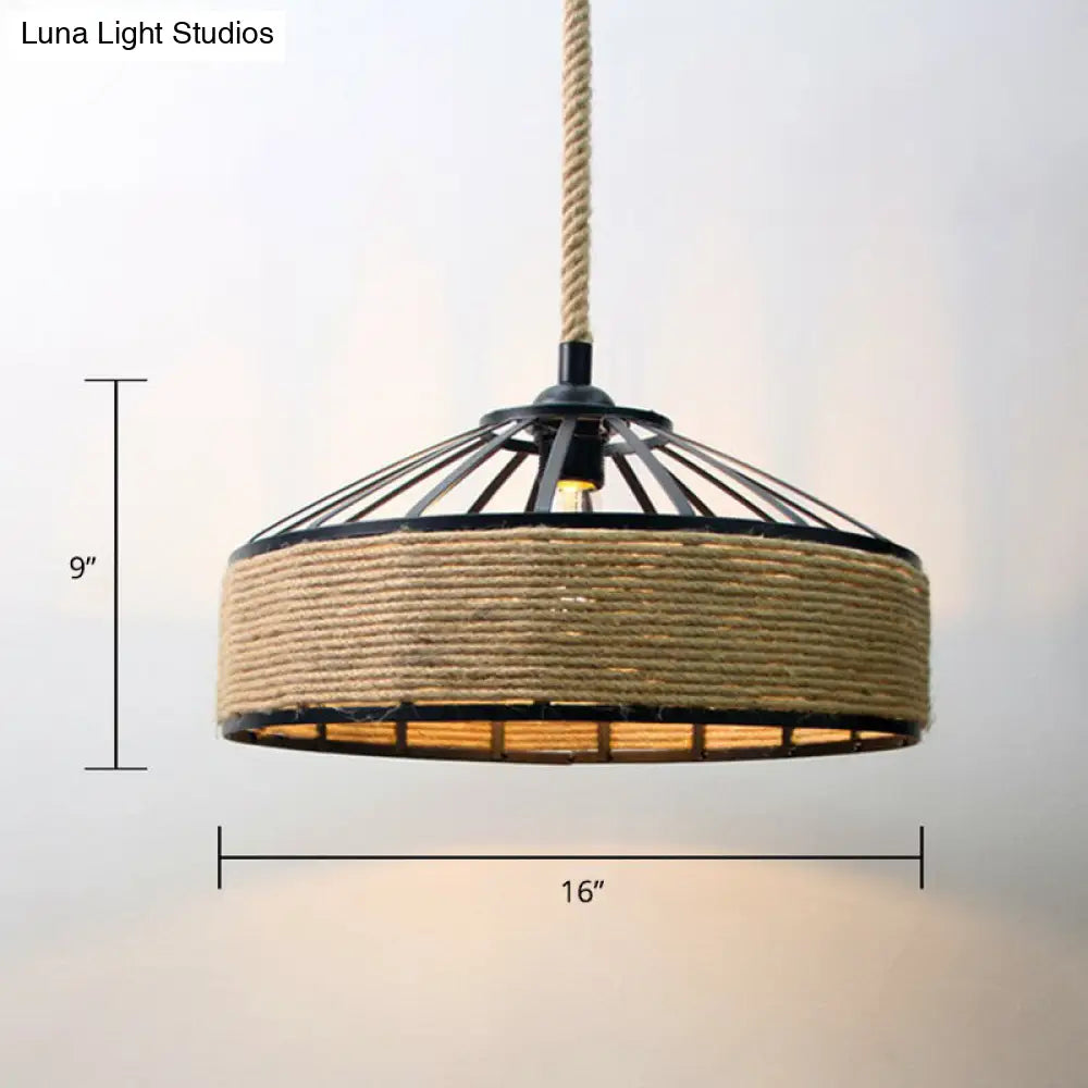 Rustic Rope Cage Pendant Light - Hand-Wrapped, 1 Bulb Ceiling Lamp in Light Brown for Restaurants