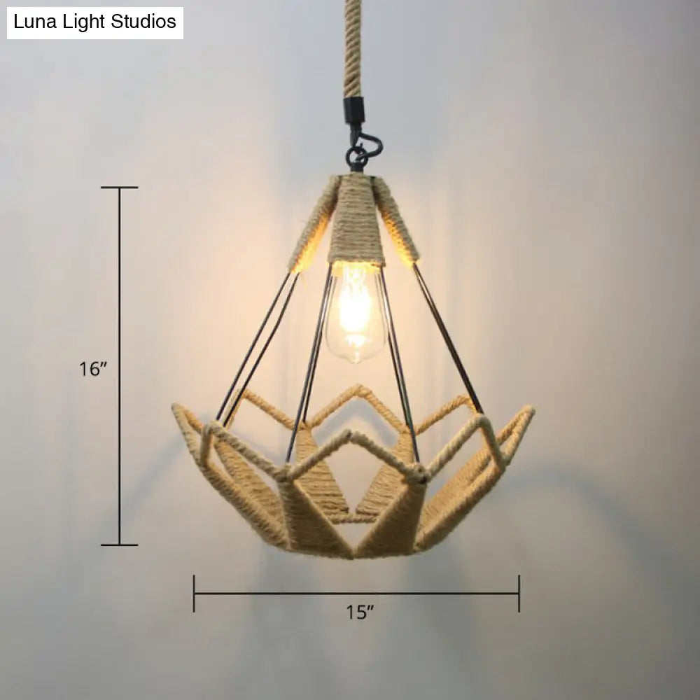 Rustic Rope Cage Pendant Light - Hand-Wrapped, 1 Bulb Ceiling Lamp in Light Brown for Restaurants