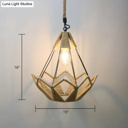 Rustic Rope Cage Pendant Light - Hand-Wrapped, 1 Bulb Ceiling Lamp in Light Brown for Restaurants