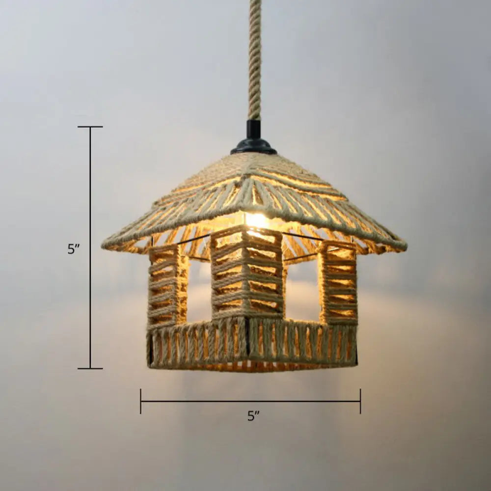 Rustic Rope Cage Pendant Light - Hand-Wrapped, 1 Bulb Ceiling Lamp in Light Brown for Restaurants