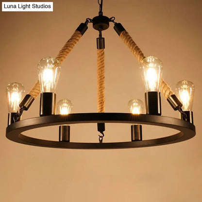 Rustic Rope Chandelier with Circular Black Metal Design and Exposed Bulbs