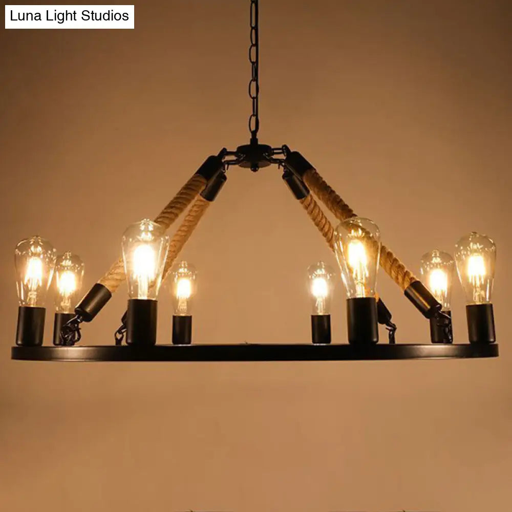 Rustic Rope Chandelier with Circular Black Metal Design and Exposed Bulbs