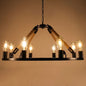 Rustic Rope Chandelier with Circular Black Metal Design and Exposed Bulbs