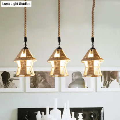 Rustic Rope Cluster Pendant Ceiling Light - Brown, 3/6 Bulbs, Living Room, Round/Linear