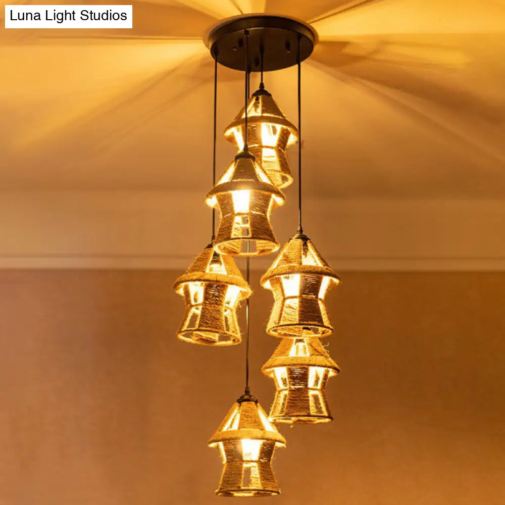 Rustic Rope Cluster Pendant Ceiling Light - Brown, 3/6 Bulbs, Living Room, Round/Linear