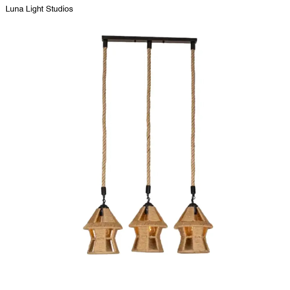 Rustic Rope Cluster Pendant Ceiling Light - Brown, 3/6 Bulbs, Living Room, Round/Linear