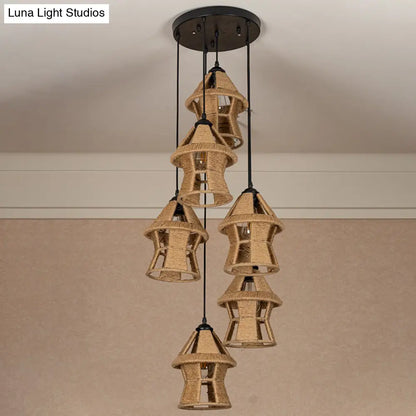 Rustic Rope Cluster Pendant Ceiling Light - Brown, 3/6 Bulbs, Living Room, Round/Linear