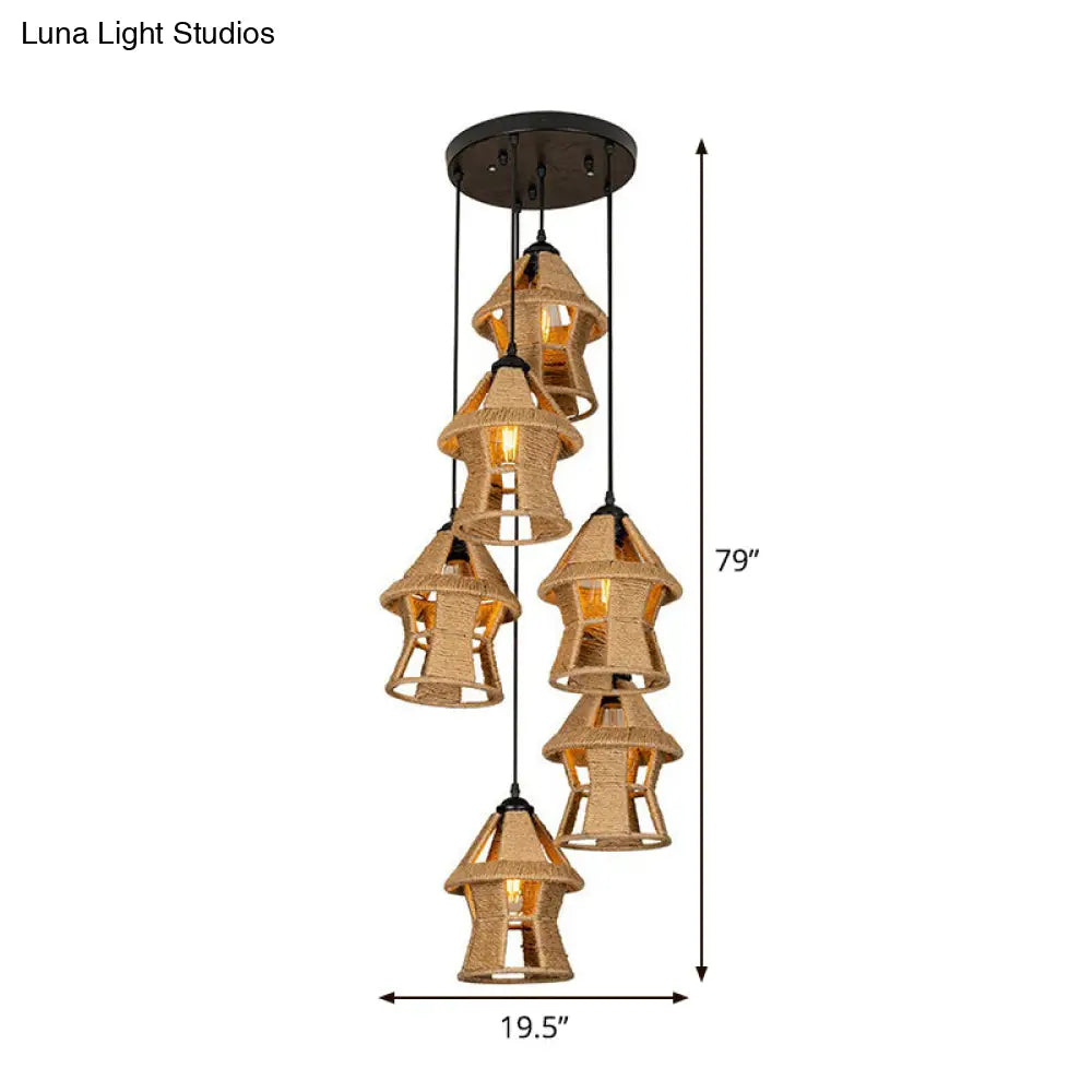 Rustic Rope Cluster Pendant Ceiling Light - Brown, 3/6 Bulbs, Living Room, Round/Linear