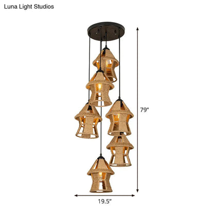 Rustic Rope Cluster Pendant Ceiling Light - Brown, 3/6 Bulbs, Living Room, Round/Linear