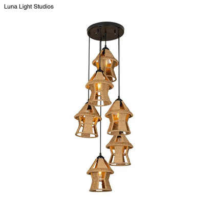 Rustic Rope Cluster Pendant Ceiling Light - Brown, 3/6 Bulbs, Living Room, Round/Linear