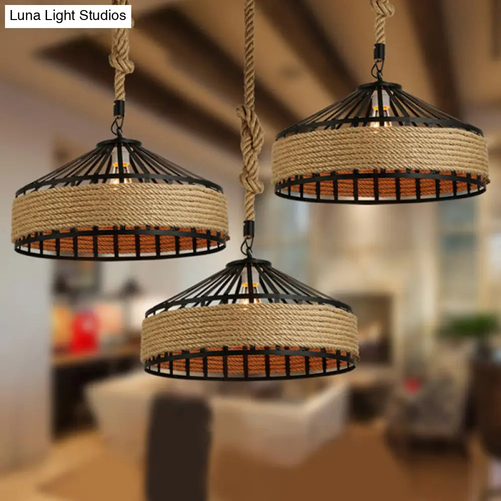 Rustic Rope Hanging Pendant Light Fixture for Dining Room with Barn Caged Design - Brown, 1-Light, 12"/16"/19.5" Wide