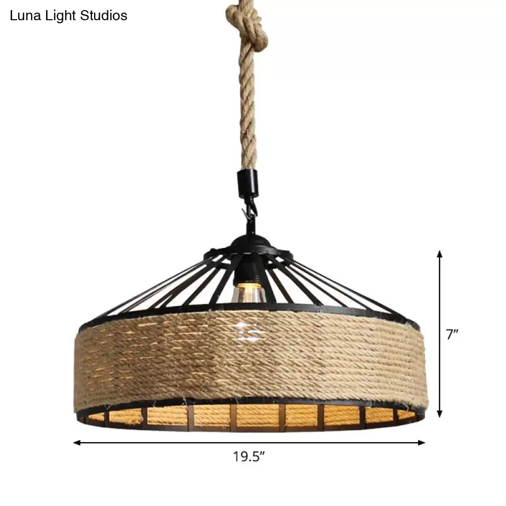 Rustic Rope Hanging Pendant Light Fixture for Dining Room with Barn Caged Design - Brown, 1-Light, 12"/16"/19.5" Wide