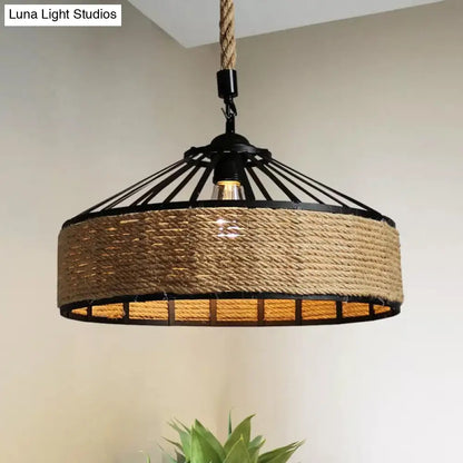 Rustic Rope Hanging Pendant Light Fixture for Dining Room with Barn Caged Design - Brown, 1-Light, 12"/16"/19.5" Wide