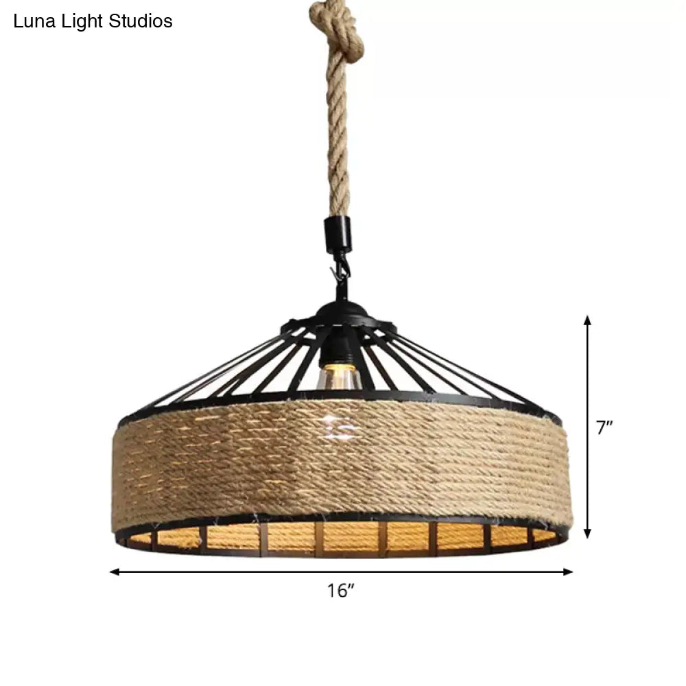 Rustic Rope Hanging Pendant Light Fixture for Dining Room with Barn Caged Design - Brown, 1-Light, 12"/16"/19.5" Wide