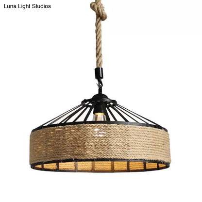 Rustic Rope Hanging Pendant Light Fixture for Dining Room with Barn Caged Design - Brown, 1-Light, 12"/16"/19.5" Wide