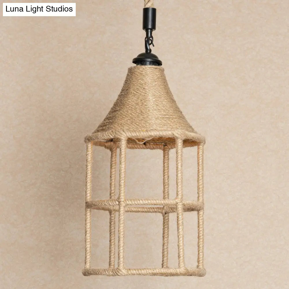 Rustic Rope Pendant Light for Dining Room - Booth Shaped Design, Brown Finish, Suspended Lighting Fixture