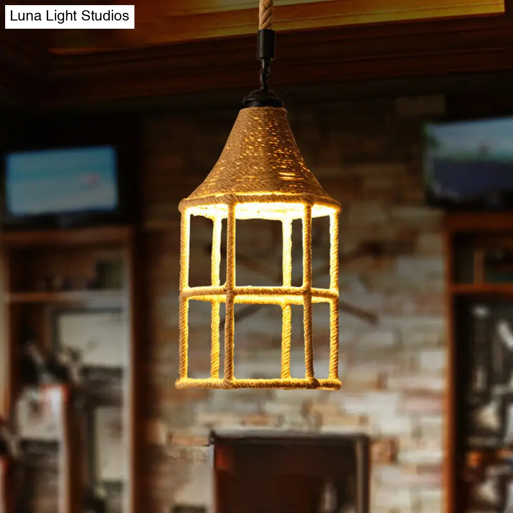 Rustic Rope Pendant Light for Dining Room - Booth Shaped Design, Brown Finish, Suspended Lighting Fixture