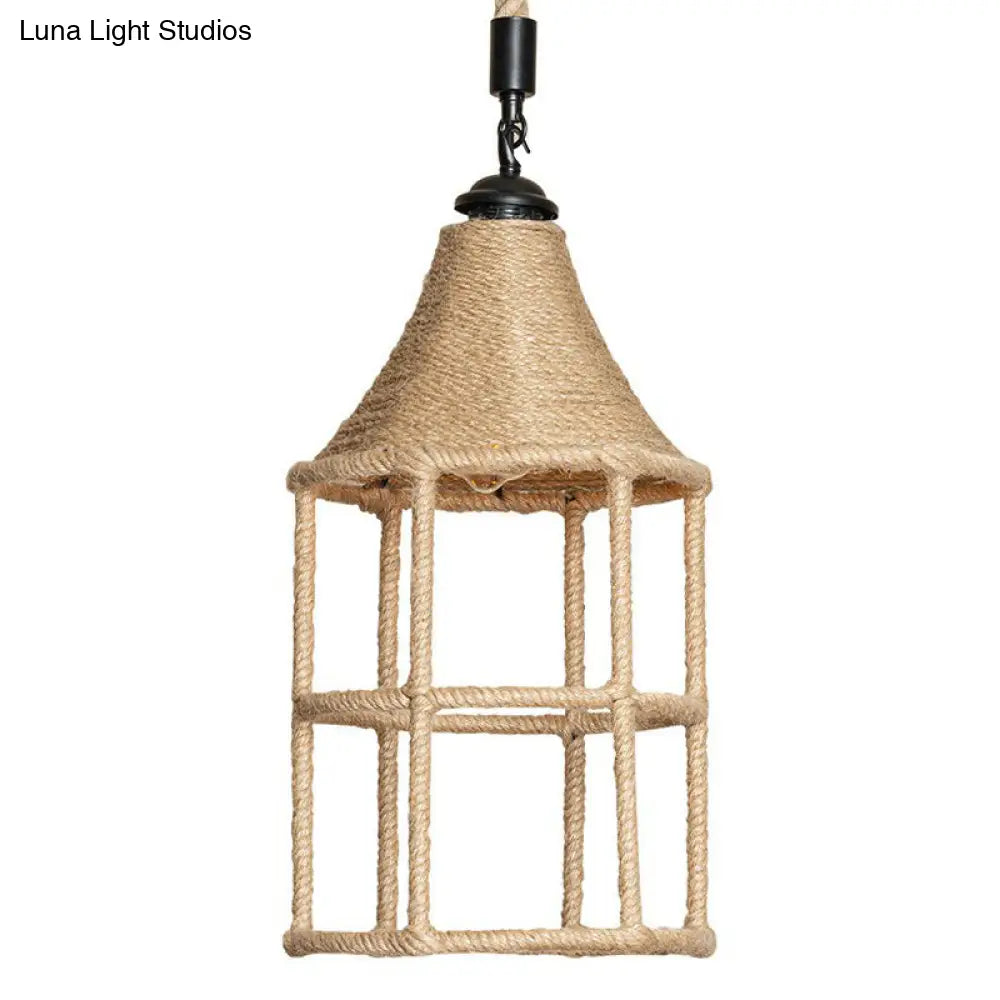 Rustic Rope Pendant Light for Dining Room - Booth Shaped Design, Brown Finish, Suspended Lighting Fixture