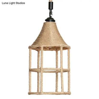 Rustic Rope Pendant Light for Dining Room - Booth Shaped Design, Brown Finish, Suspended Lighting Fixture