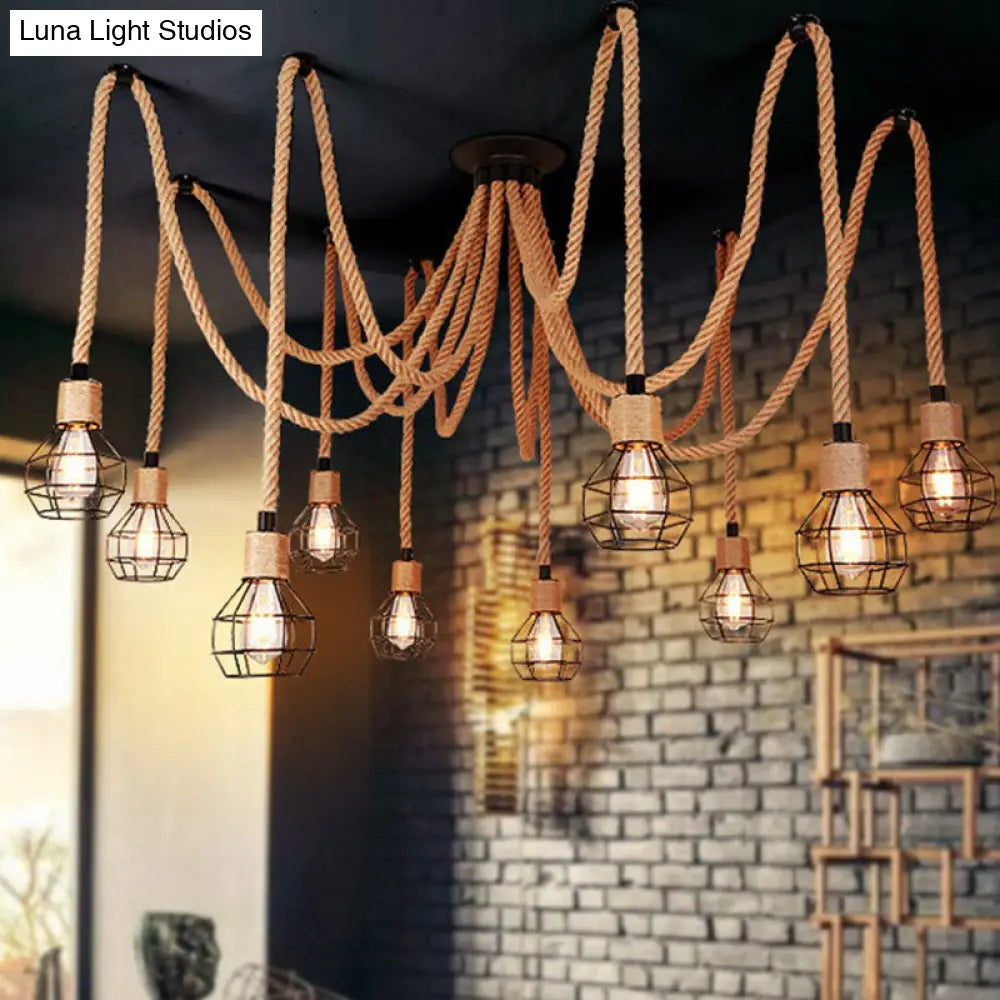 Rustic Rope Pendant Light with Spherical Cage - 6/10 Lights, Brown Bistro Swag Lamp