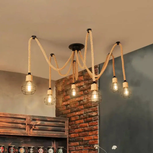 Rustic Rope Pendant Light with Spherical Cage - 6/10 Lights, Brown Bistro Swag Lamp