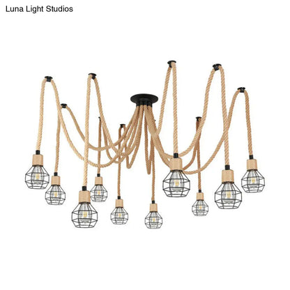 Rustic Rope Pendant Light with Spherical Cage - 6/10 Lights, Brown Bistro Swag Lamp