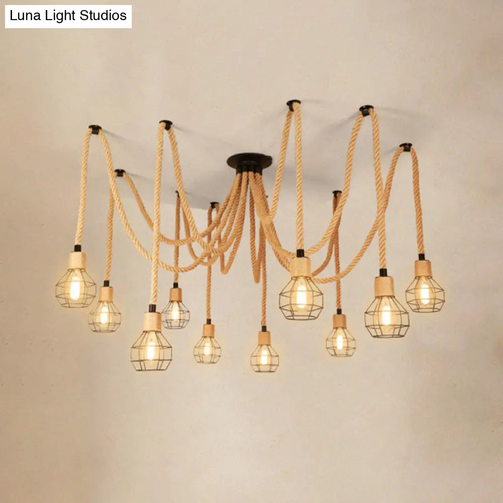 Rustic Rope Pendant Light with Spherical Cage - 6/10 Lights, Brown Bistro Swag Lamp