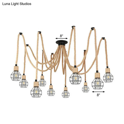 Rustic Rope Pendant Light with Spherical Cage - 6/10 Lights, Brown Bistro Swag Lamp