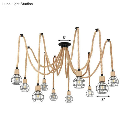 Rustic Rope Pendant Light with Spherical Cage - 6/10 Lights, Brown Bistro Swag Lamp