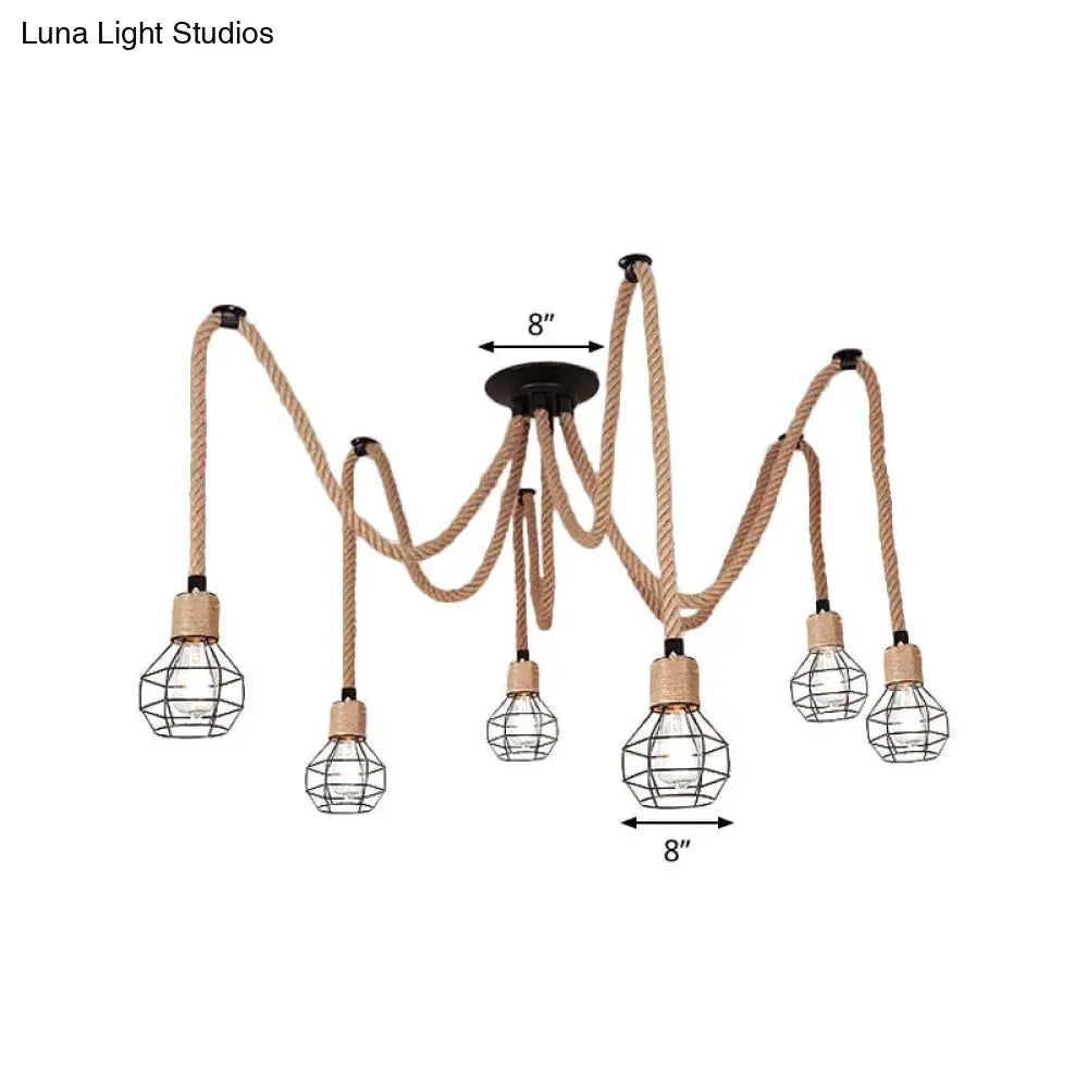 Rustic Rope Pendant Light with Spherical Cage - 6/10 Lights, Brown Bistro Swag Lamp